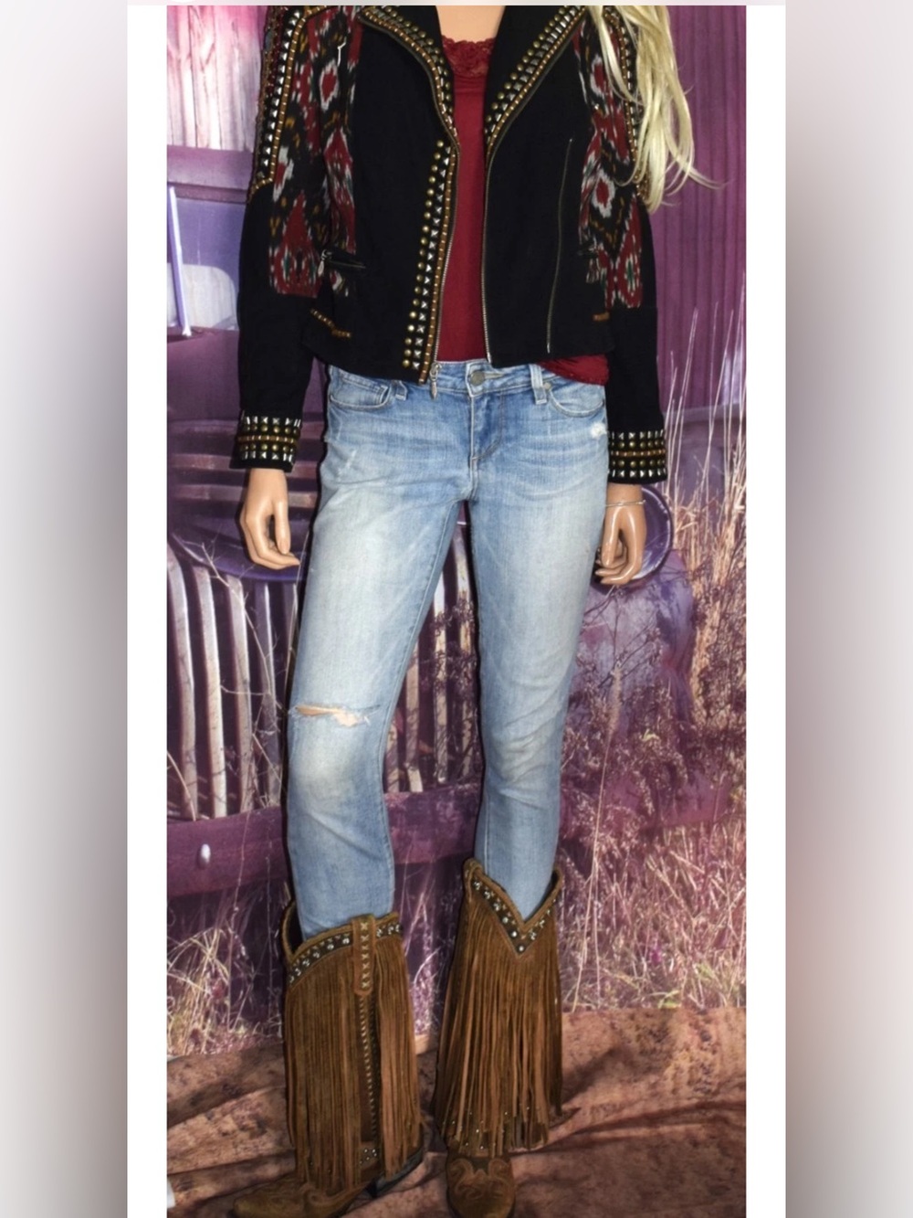 Double D Ranch High Mountain Boho Studded Leather Jacket Size Large - Picture 8 of 11
